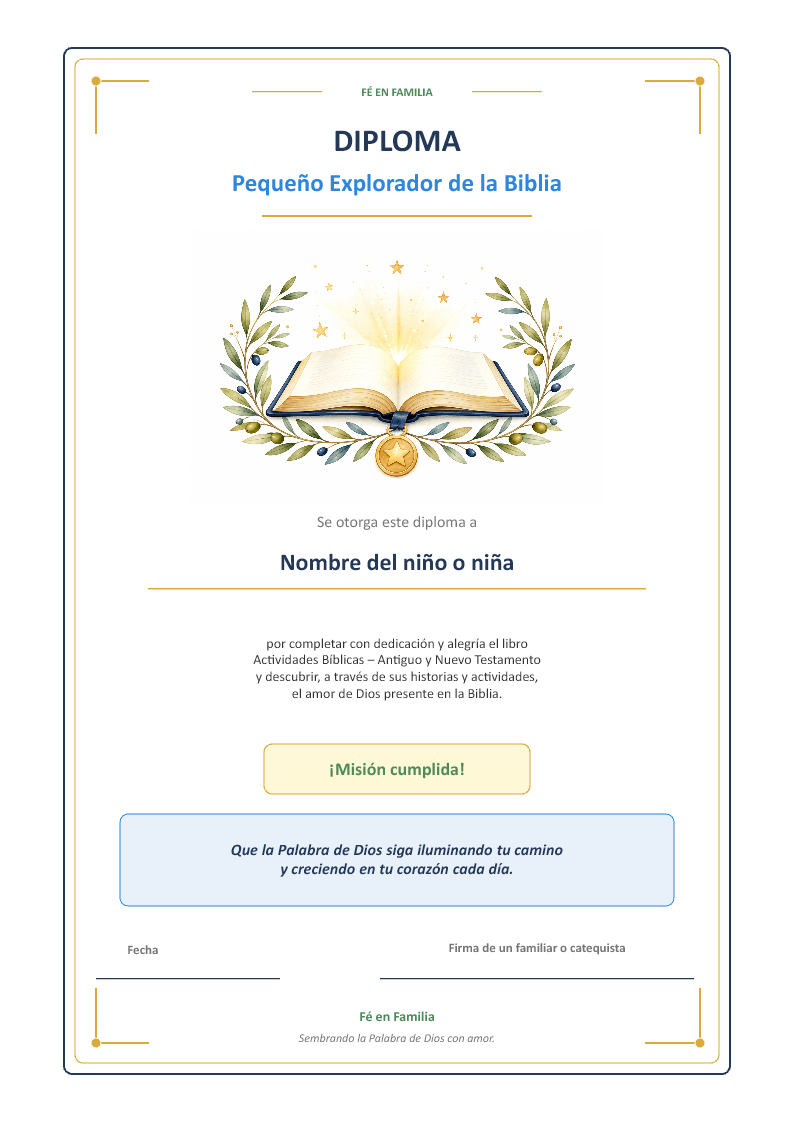 Diploma Pequeño Explorador de la Biblia incluido en el e-book
